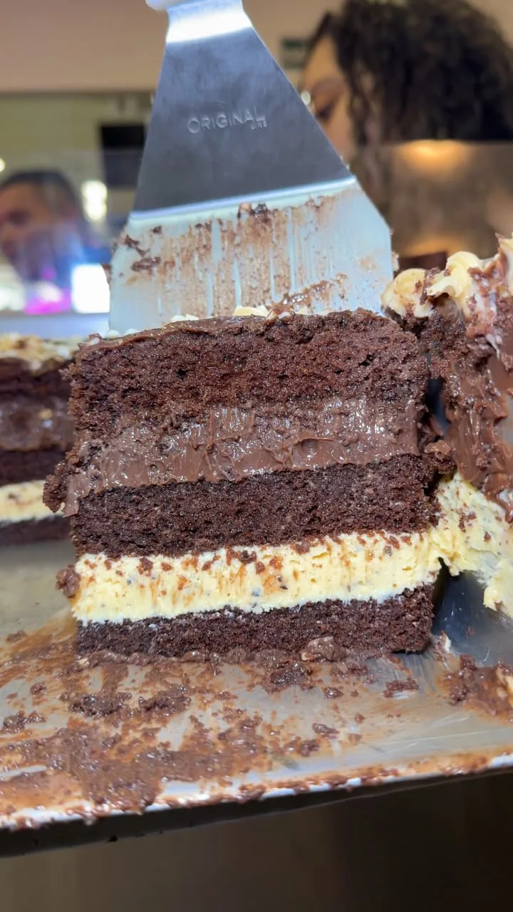 Fatia de bolo de chocolate em camadas